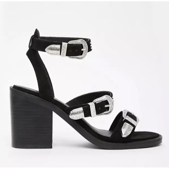ASOS Western Studded Open Toe Strappy Chunky Heels Womens Size 7 Black Silver - Picture 1 of 14